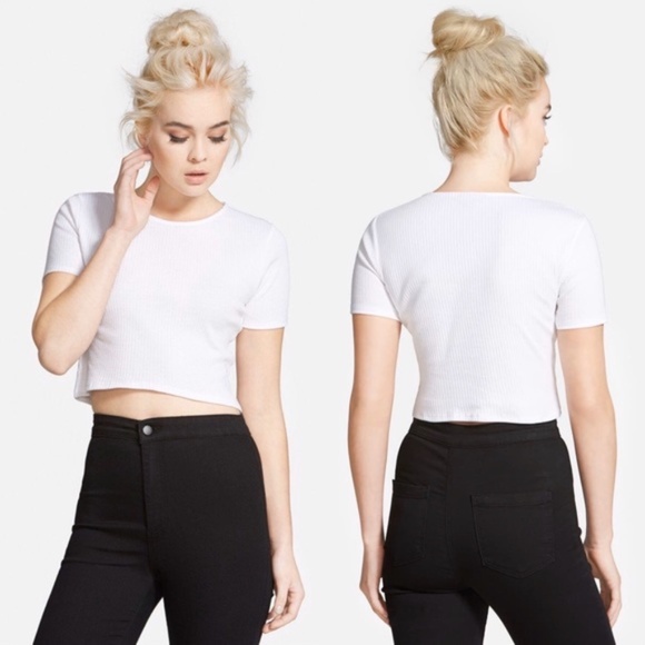 TOPSHOP White Ribbed Raw Edge Crop Boat Neck Tee Top Size 2 New with Tags - Picture 2 of 3